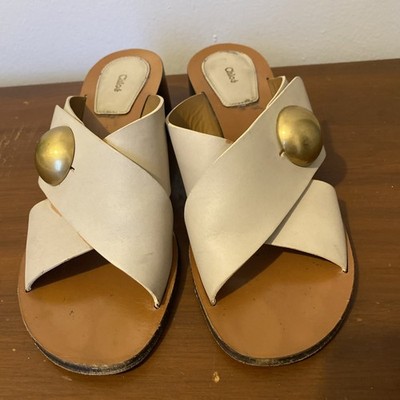 Chloe Jane Crisscrossed Strap Cream Leather Brass Sandals Women's Size 9 1/2 US