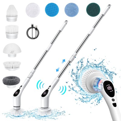 Electric Spin Scrubber, Voice Prompt Cordless Cleaning Brush with 9 Replaceab...