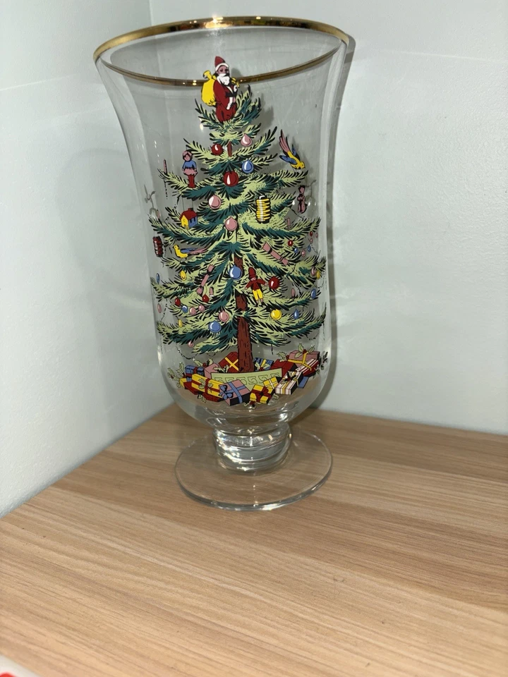 Árbol de Navidad Spode 9-1/2" de alto jarrón votivo de vidrio huracán candelabro decoración Foto 4 de 4