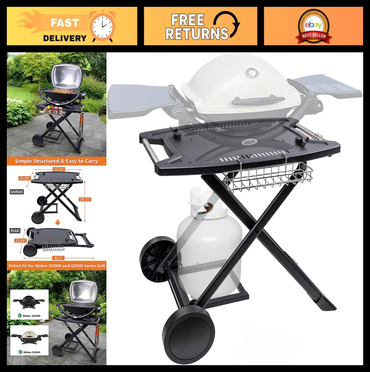 Folding Portable Cart for Outdoor BBQ Grills, Fits Weber Q Series & Ninja OG700