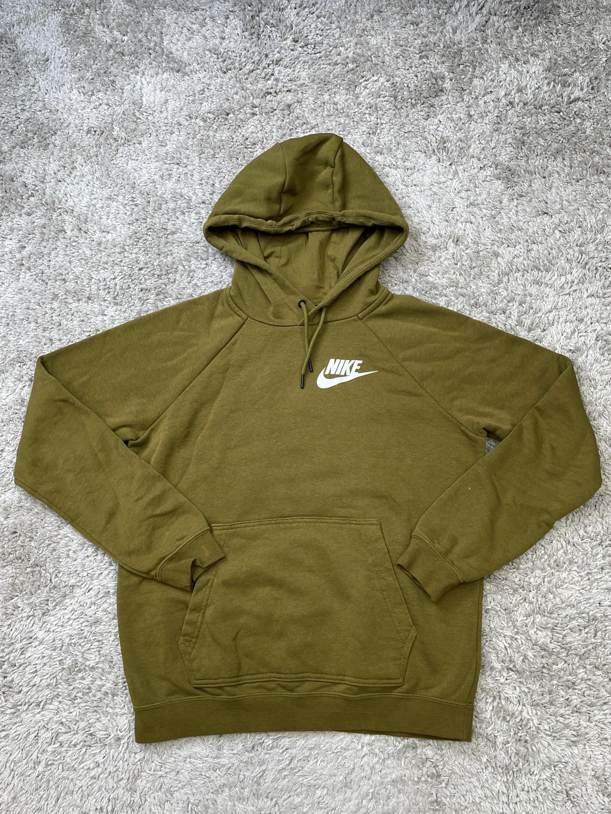 Nike Hoodie Mens Small Olive Pullover Sweatshirt Logo Kangaroo Pocket Raglan