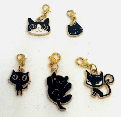 アクセサリー Schwarze Katze Charm Clip-On Black Cat Kitten 2 Bracelet Purse Bag Zipper