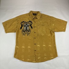 Vtg Zava Shirt Mens Sz M Mustard Yellow Made in USA Equestrian Horse Cross Shiny
