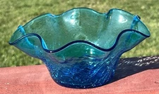 Blenko #3744-X VTG Crackle Glass Bowl  Fluted Crimped Blue 8”