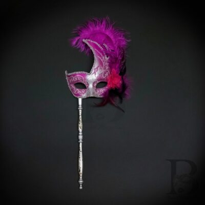 Holding Stick Party Mask | Feather Masquerade Mask Silver Hot Pink M6131