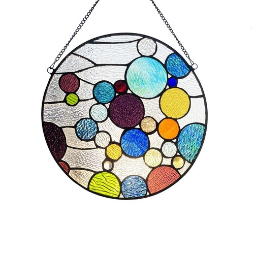 Pannello finestra tondo stile Tiffany vetro colorato alto 13" BOLLE design geometrico - Foto 3 di 6