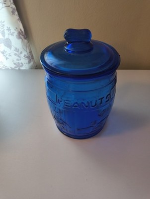Vintage Planters Peanuts Iconic Mr. Peanut Blue Glass Barrel Jar W/ Lid VG 11''