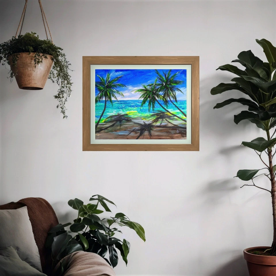 Pintura original sobre lienzo. Paraíso tropical. Palmeras. Arte de playa. 14" ÚNICO Foto 3 de 4
