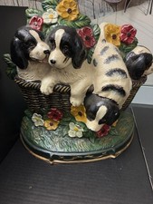 Vintage Large Cast Iron Door Stop Stopper Floral Flower Basket Of Dogs Puppies