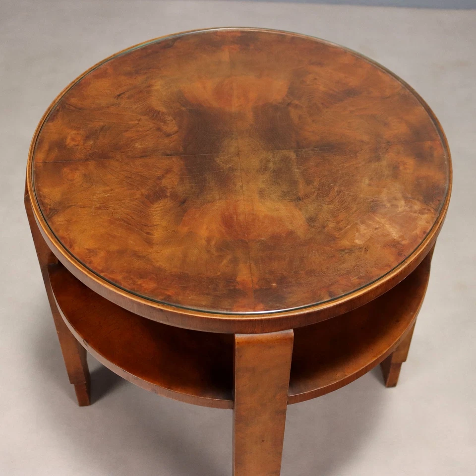 Table Basse Art Déco Ancienne Noyer Plateau avec Verre XXe Siècle - Photo 4/4