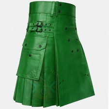 Soft Green Leather Handmade Utility Kilt For Men Cow Hide Leather Every Day Wear