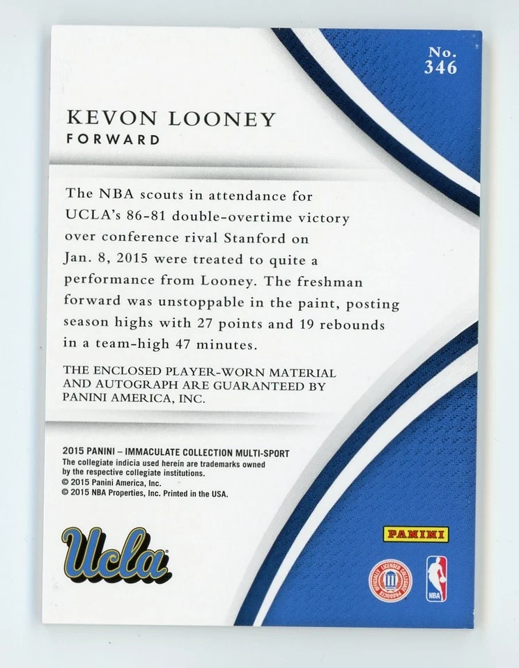 2015 Panini Immaculate #346 Kevon Looney RC Rookie Patch Auto /99 - Image 2 of 2