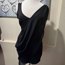 Women’s Black Solid Sheath Short Dress M V-Neck Sleeveless Draped Chiffon