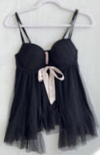 Victorias Secret Black Mesh Ruffle Hem Babydoll Lingerie Ribbon Closure Size 34D