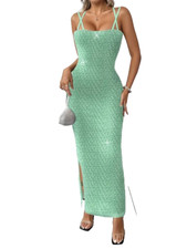 New in PKG light green sequin evening gown side slit dress size medium fits 6-8