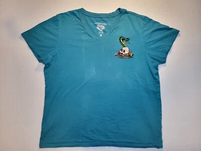 Ed Hardy Cobra Rose Skull Embroidered V-Neck Teal Double-sided Womans Large - Image 1 of 4