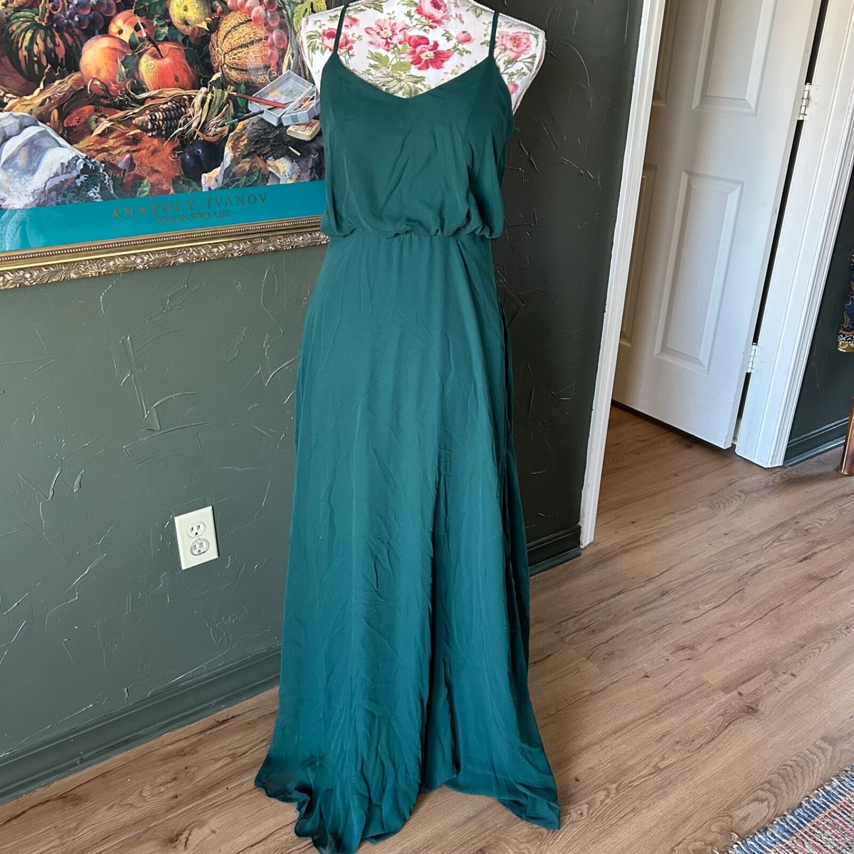 chiffon emerald green bridesmaid dresses Dark green v neck long prom dress green evening dress – dresstby main image 1