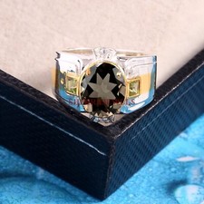 Bague En Argent Plaqué Or Blanc Avec Quartz Fumé Et Péridot Pour Homme #1946