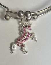 Very Pretty Pink Rhinestone And Silver Toned Unicorn Charm Bracelet Adult