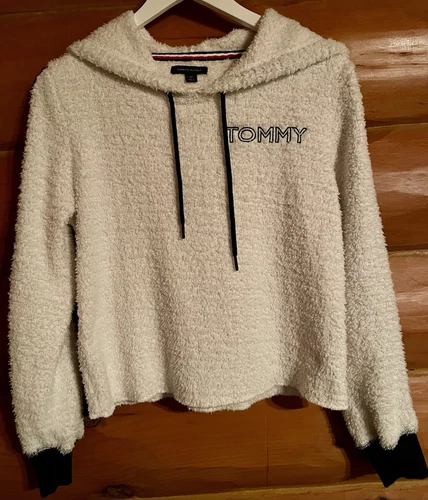 OFF WHITE Tommy Hilfiger felpa con cappuccio donna taglia S P panna e blu pile pullover fuzzy