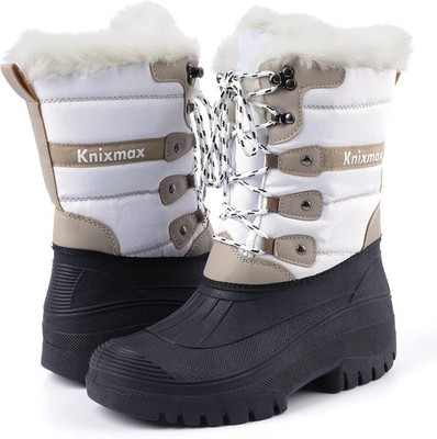 Knixmax Women s Winter Snow Boots MidCalf Booties Fur Lined-White/Tan-USW-Size11