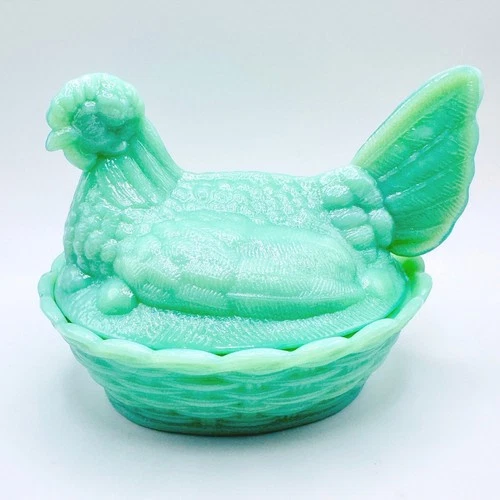 Vtg. Style Jadeite Green Slag Milk Glass Hen on Nest Covered Candy Dish Basket
