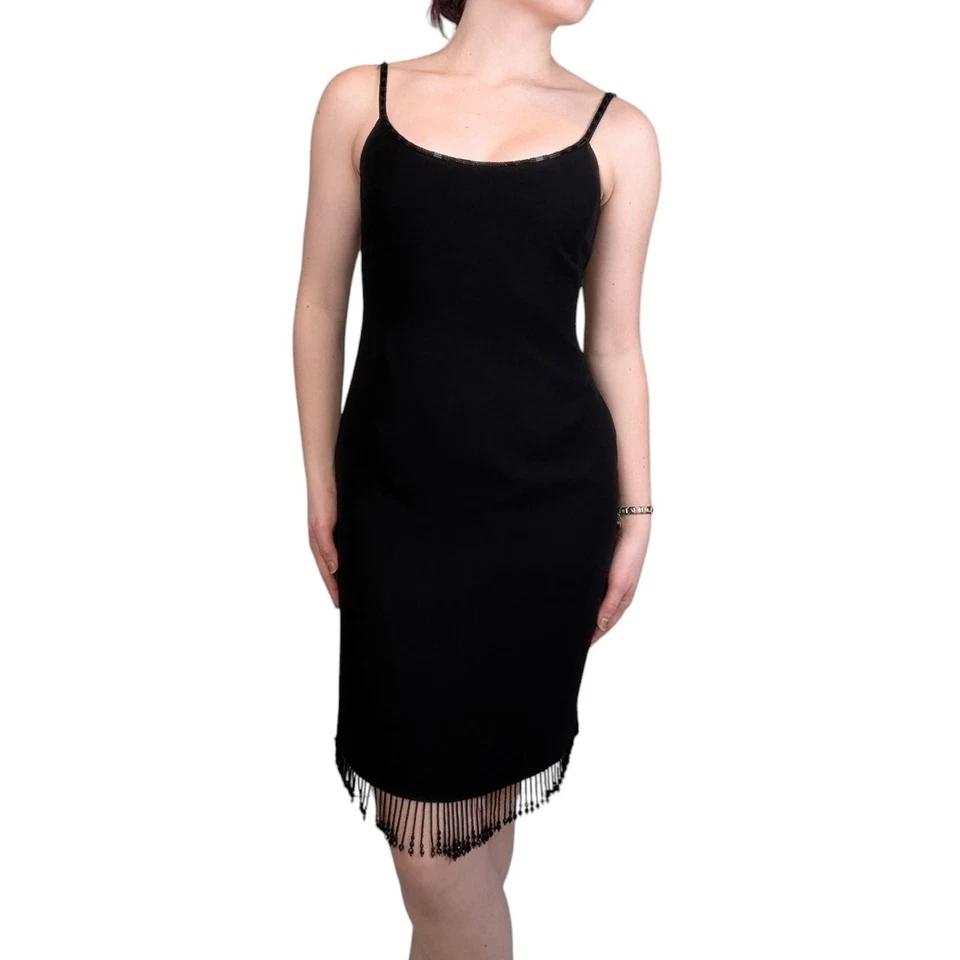 Jones New York Beaded Little Black Dress Sheath Spaghetti Straps Black 2 Petite - Image 2 of 4