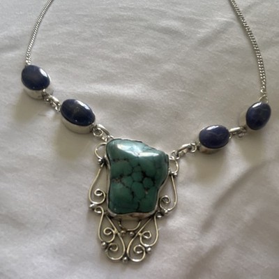 Natural Turquoise & Lapis Statement Necklace, 925 Sterling 18 