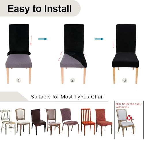 Velvet Stretch Chair Covers for Dining Room Soft Fit Removable Set of 4 Black - Picture 7 of 7