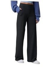 Women's High Waist Ribbed Flare Leggings Loose Yoga Pants Casual Medium Black