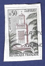TIMBRE FRANCE 1960, TLEMCEN, GRANDE MOSQUÉE, N° 1238, OBLITÉRÉ SUR FRAGMENT
