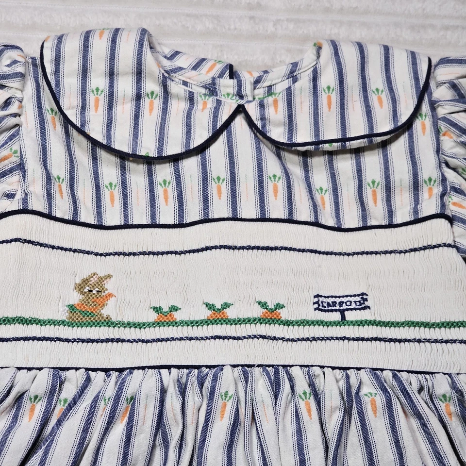 Strasburg Easter Dress Size 5 Youth White Blue Striped Carrots Bunny Smocked VTG - Image 3 of 4