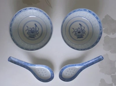 Service à soupe 2 personnes en porcelaine blanche et décors bleus chinois neuf - Photo 1/4