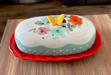 The Pioneer Woman Butter Dish Red Flea Market Floral With Butterfly Lid NEW
