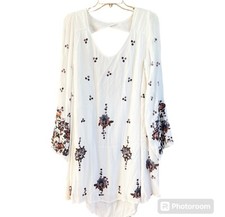 Free People Womens Ivory Oxford Embroidered Mini Dress Floral Gauze Sz S $129