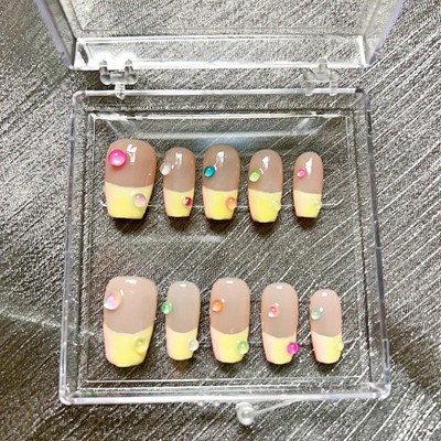 YellowFrench Tip Rainbow Bubbles Cute Handmade Reusable Press-on Nails