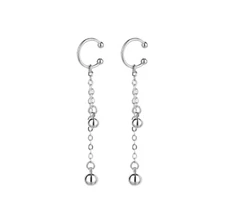 A Pair  No Pierced 925 Silver Plated Tassel Drop Ball Clip Ear Cuff Earrings TH1