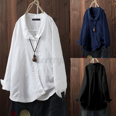 Womens Long Sleeve Tops Ladies Casual Loose Cotton Linen Shirts Blouse