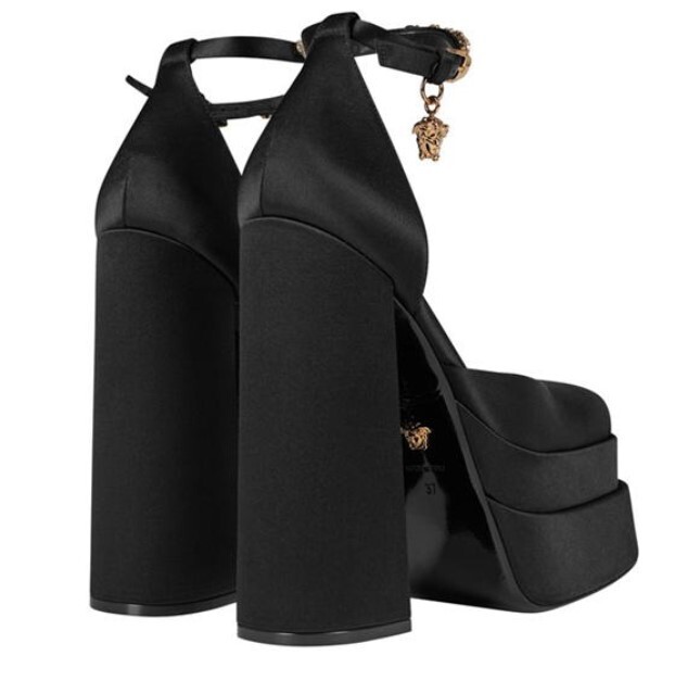 NEW VERSACE MEDUSA AEVITAS PLATFORM HIGH HEEL BLACK SATIN