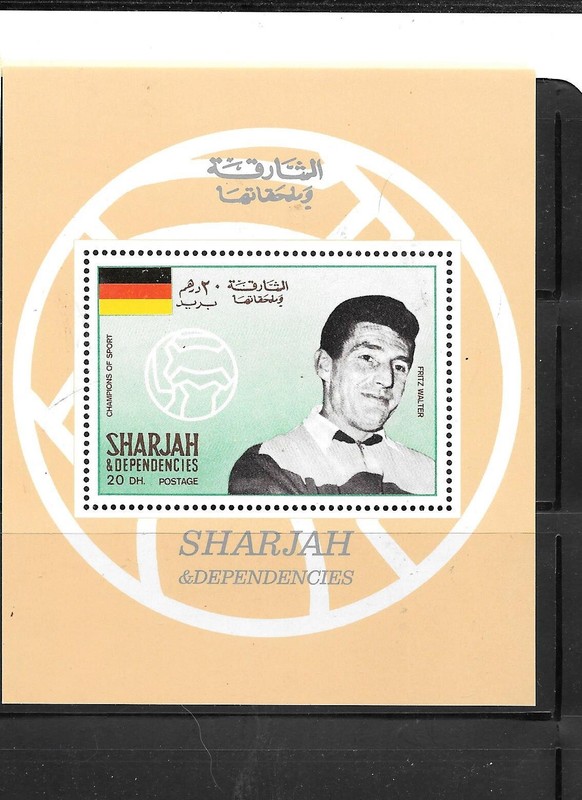 SHARJAH FRITZ WALTER SOCCER PLAYER MNH MINT VINTAGE OLD SOUVENIR SHEET XF STAMP