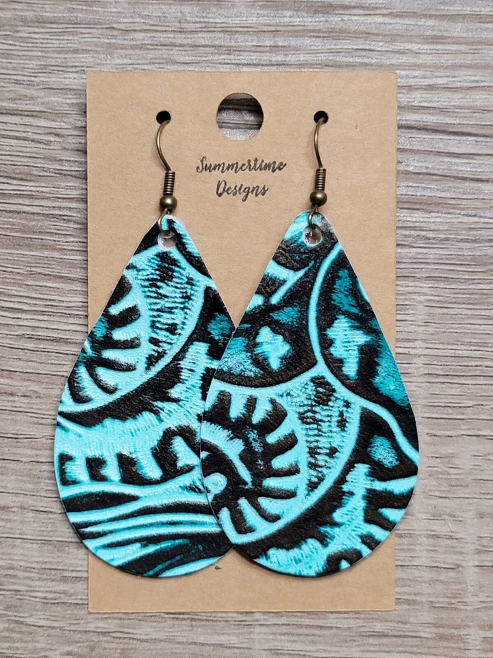 GENUINE Leather Teardrop Earrings Turquoise Tooled Western Leather - Image 1 of 1