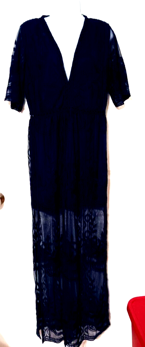 ELeter Sexy V Neck Blue Lace Embroidery Romper Short Sleeve Maxi Dress Large