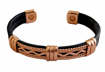 Solid Copper Leather Wrapped Magnetic Bracelet Pain Relief Healing Unisex Cuff By Mdream Cuban Chain