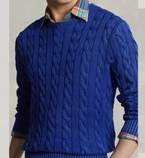 Polo Ralph Lauren Men  s L GARMENT DYED Cotton Cable Knit Crewneck Sweater Blue