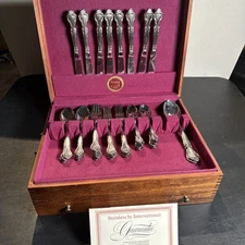 International Stainless Flatware In Case 50 Pcs Lyon Queen’s Fancy Service For 8