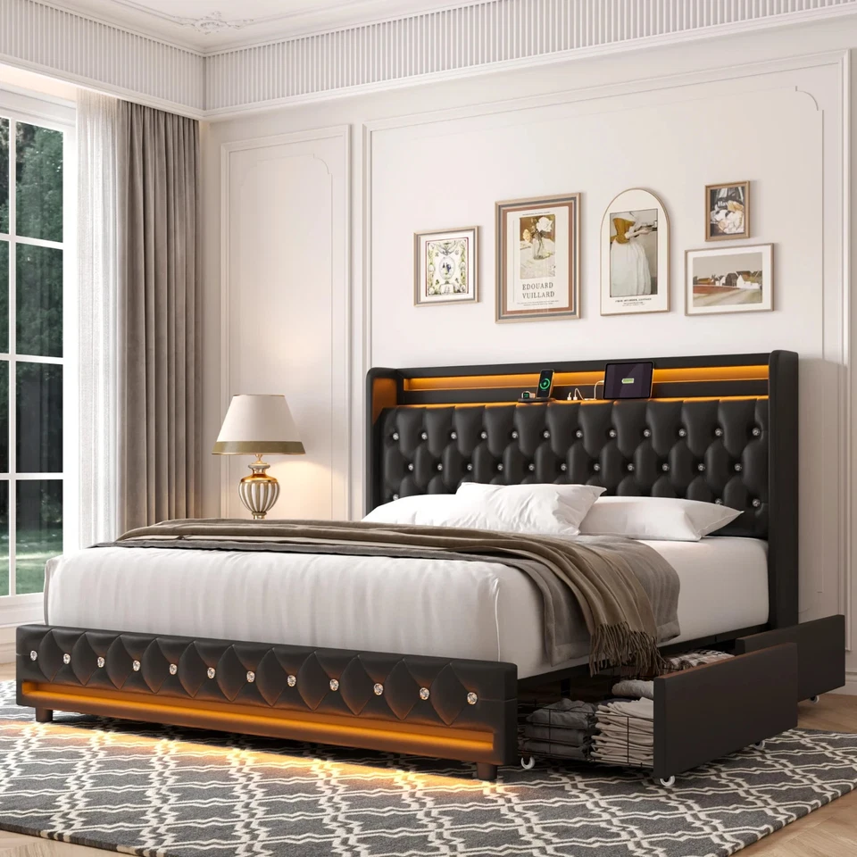 Marco De Cama Plataforma KING Con Almacenaje Cabecera Tapizada Cuero PU LED Luz - Image 3 of 4