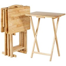 Folding Tray Table Set of 4 Trays Natural TV Dinner Desk with Storage Rack New