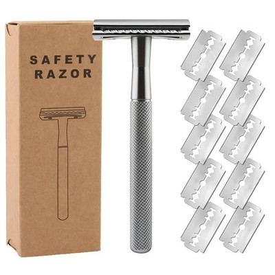 STAINLESS STEEL HEAVY DUTY DOUBLE EDGE SAFETY RAZOR FOR MEN + 10 SHAVING BLADES