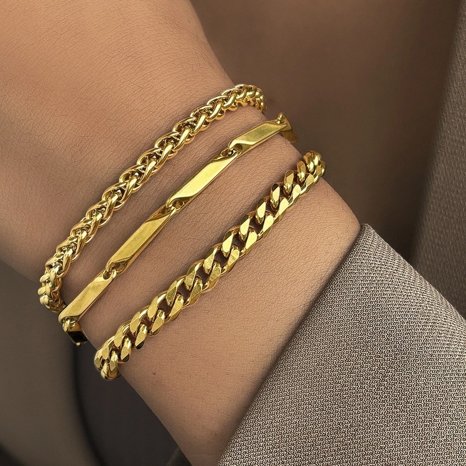 Bracelet Chaîne Maillon Réglable Acier Inoxydable Plaqué Or 18K pour Homme - Photo 1/4