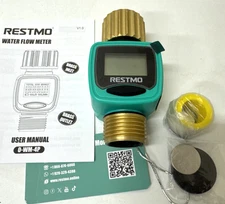 RESTMO Water Flow Meter with Brass Inlet Metal Thread, Measure Gallon/Liter NEW